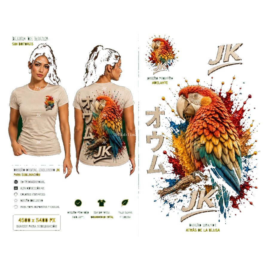Diseño Digital JK Guacamaya Tropical para Blusa de Mujer – Sublimación y DTF