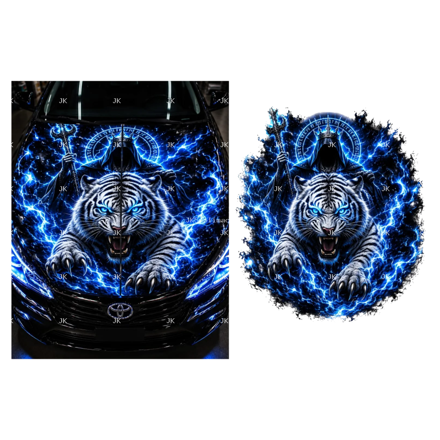 Diseño Digital para Tapa Delantera de Carro – Tigre Blanco con Rayos Azules