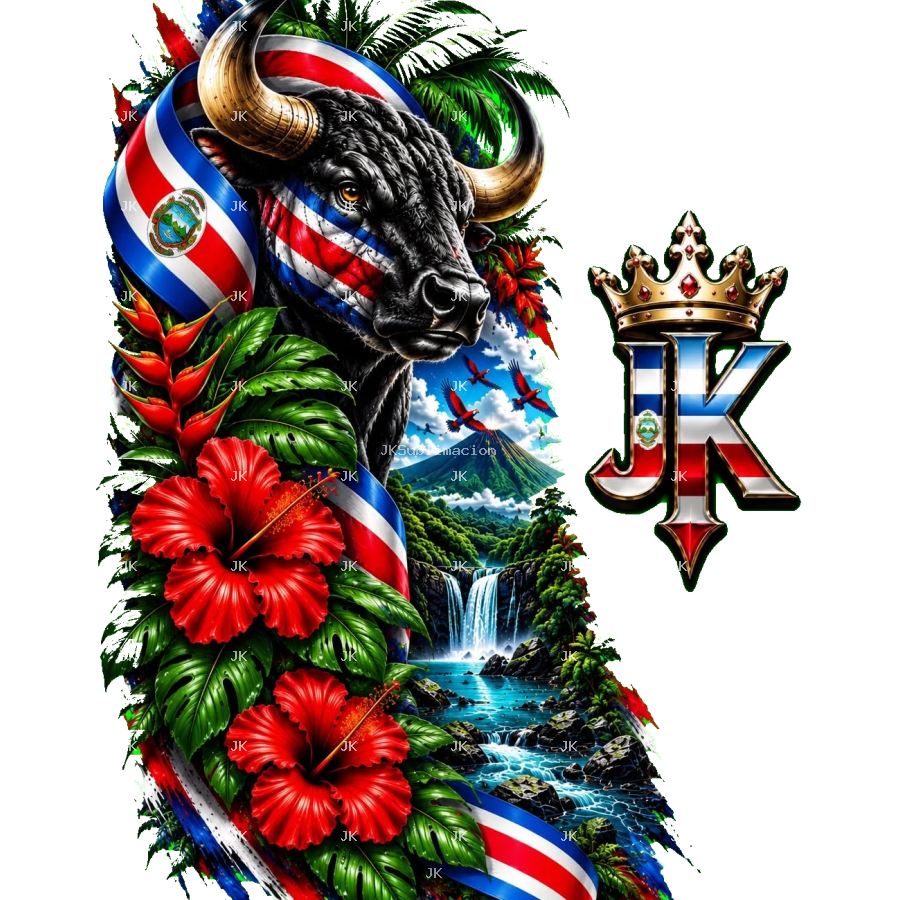 Diseño digital Costa Rica con toro, volcán, cascada, flores tropicales y colores patrios para camisa — JK