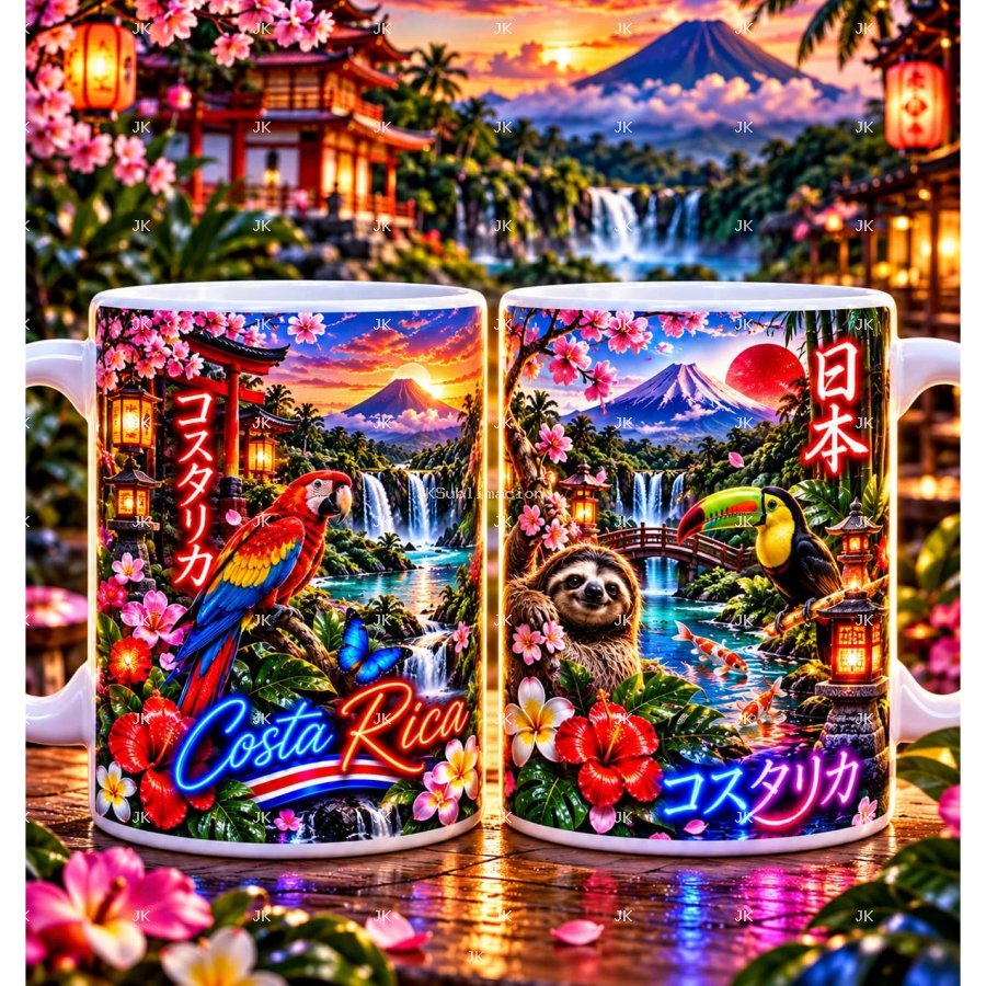 Taza 11 oz – Costa Rica y Japón 🇨🇷🇯🇵 | Naturaleza Tropical y Estilo Japonés | Sublimación