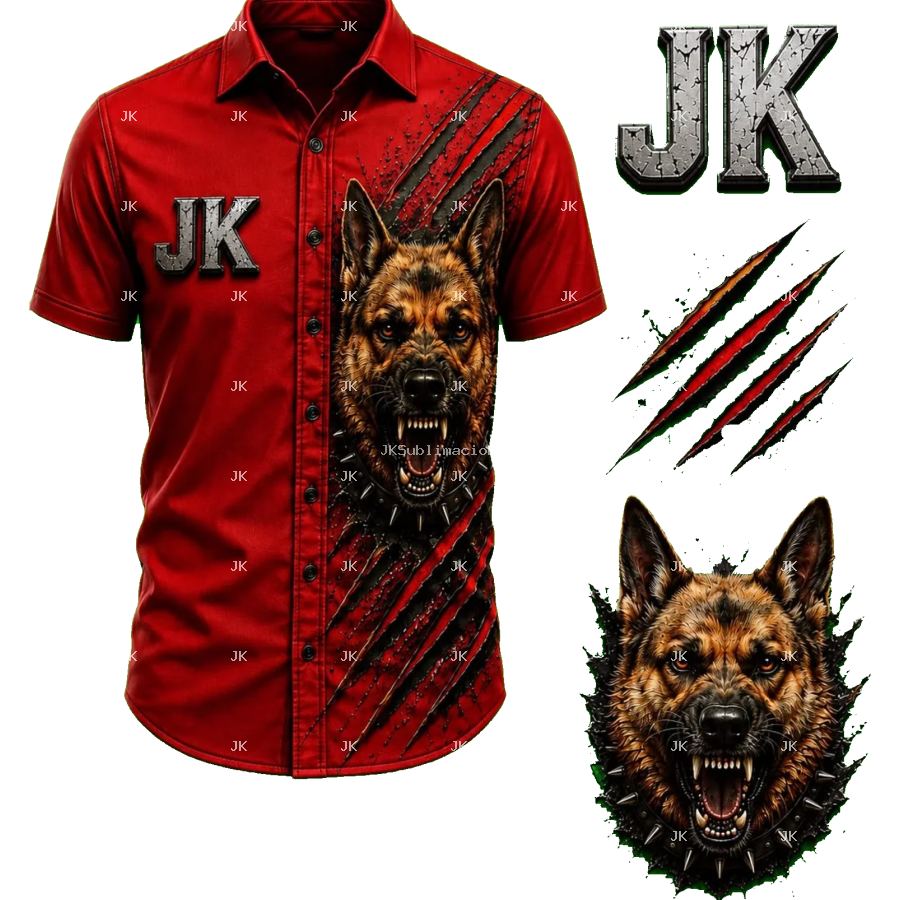 Diseño Digital JK Perro Guardián 3D para Camisa de Hombre