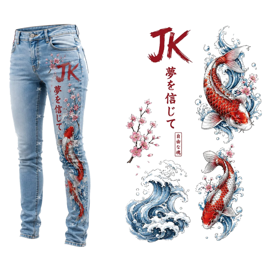 Diseño Digital JK Peces Koi y Olas Japonesas para Pantalón de Hombre