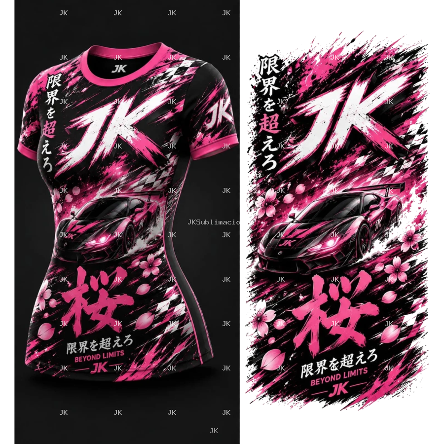Diseño Digital JK Auto Deportivo Rosa Estilo Japonés para Camisa de Mujer