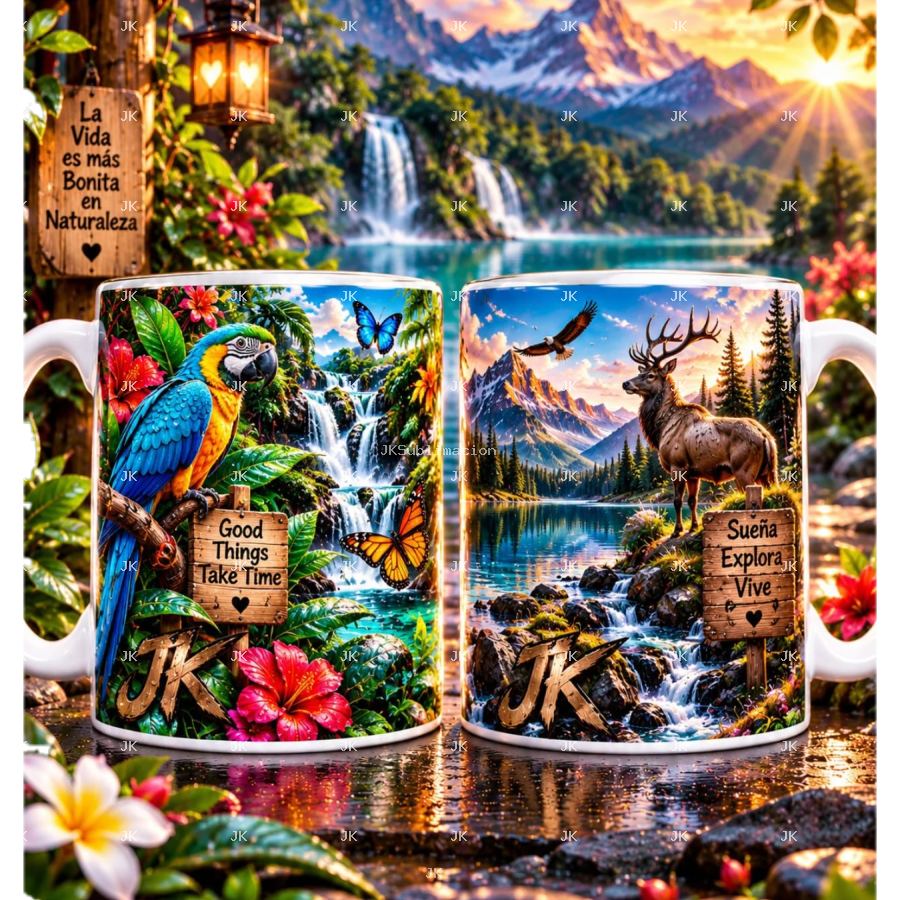 Pack de 2 Diseños Digitales JK Naturaleza para Taza 11 oz – Guacamaya Tropical y Ciervo – 2460 × 1110 px – 300 DPI