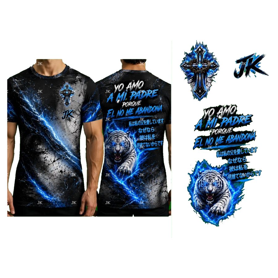 Diseño Digital JK Tigre Azul 3D con Cruz para Camisa de Hombre