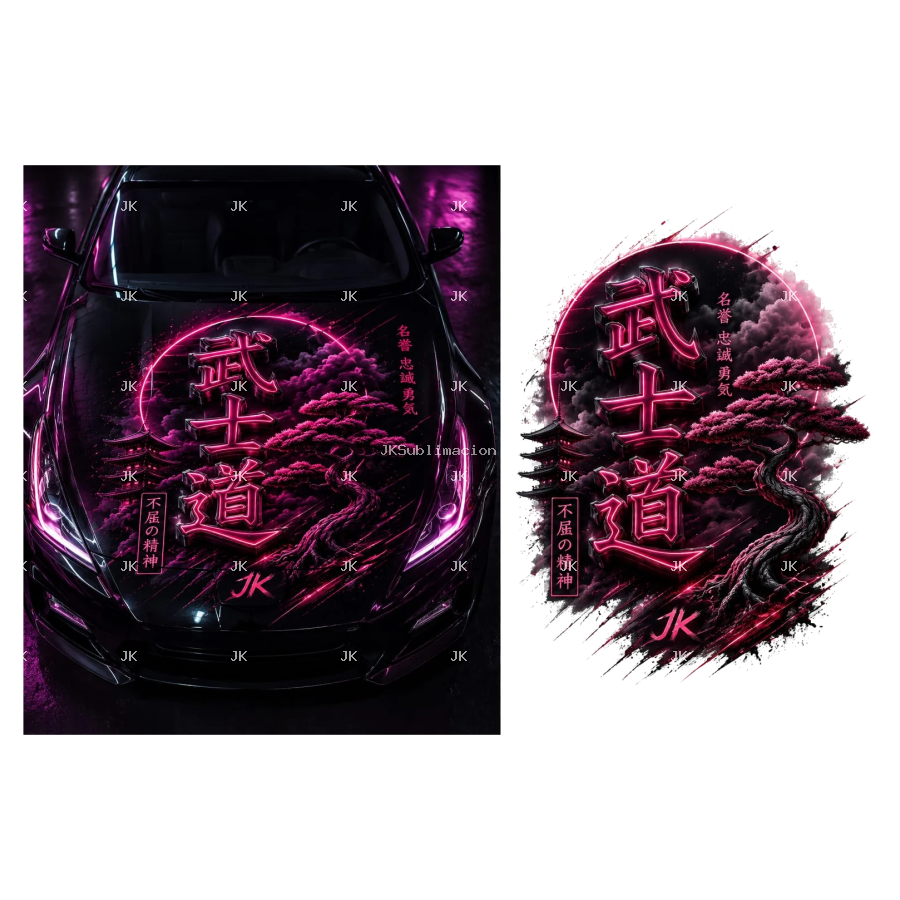 Diseño Digital Guerrero Japonés JK para Tapa Delantera de Carro – Personalización