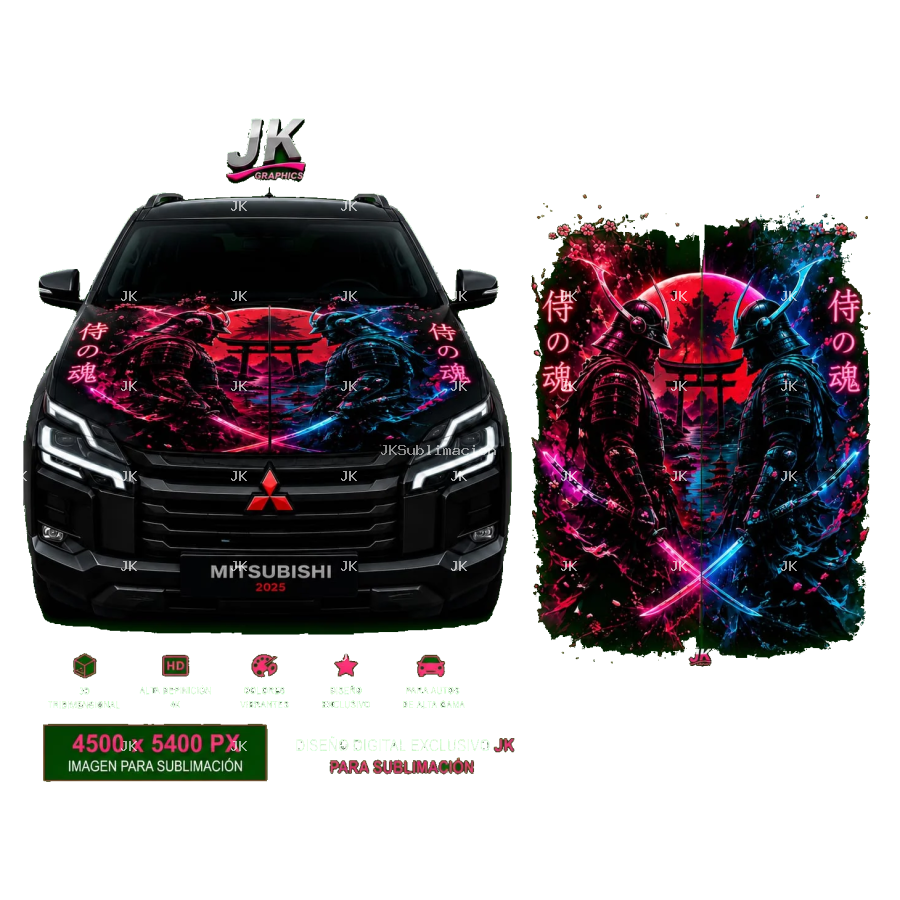 Diseño Digital JK para Tapa de Carro – Guerreros Samurái Rosa y Azul