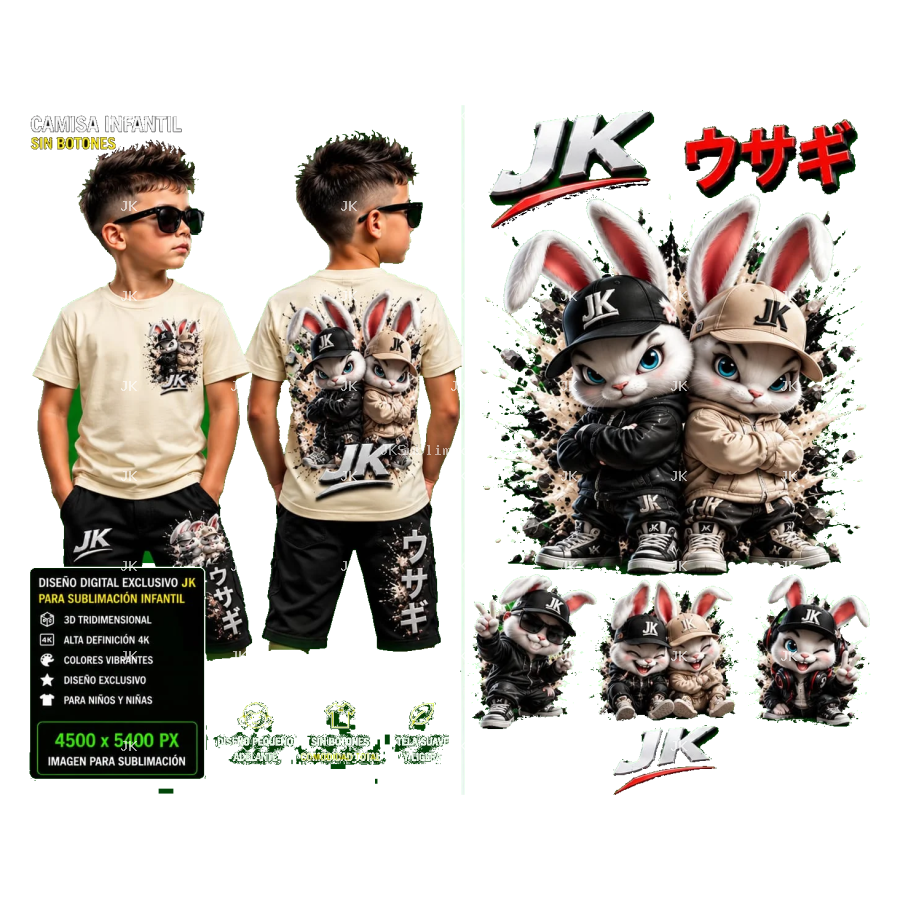 Diseño Digital Conejos JK para Niño – Sublimación y DTF