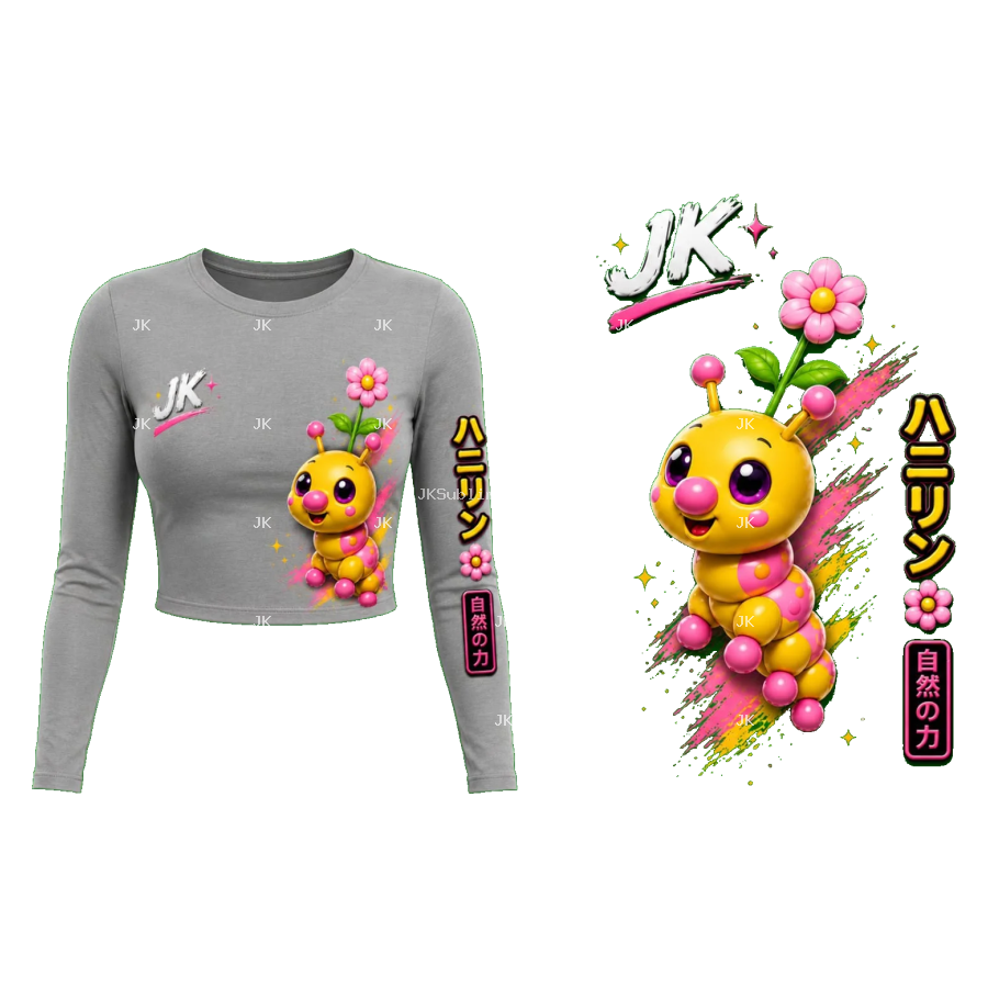 Diseño Digital JK Oruguita Kawaii con Flor para Camisa Manga Larga de Mujer