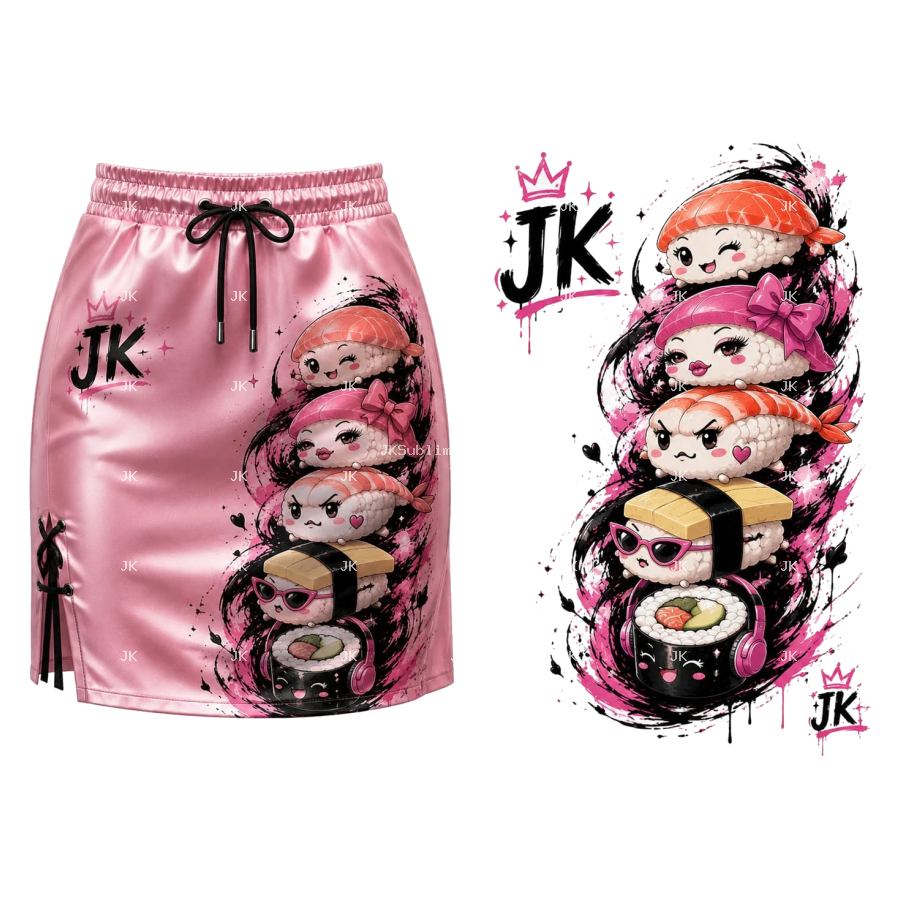 Diseño Digital JK para Pantalón de Mujer – Sushi Kawaii Rosa Estilo Japonés