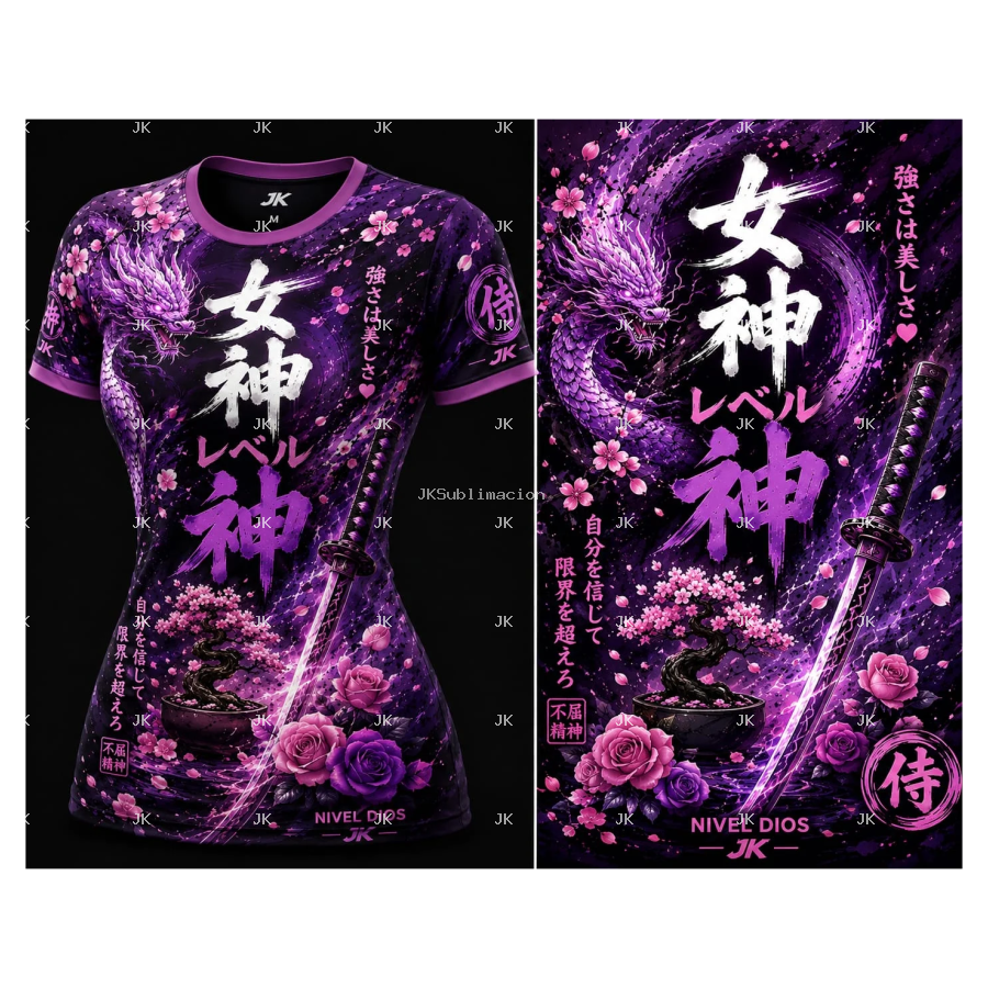 Diseño Digital 3D Diosa Japonesa con Dragón, Katana y Flores Moradas JK para Mujer