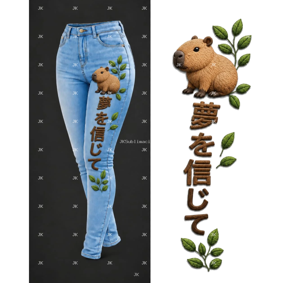Diseño Digital Capibara Japonés con Hojas para Pantalón de Mujer