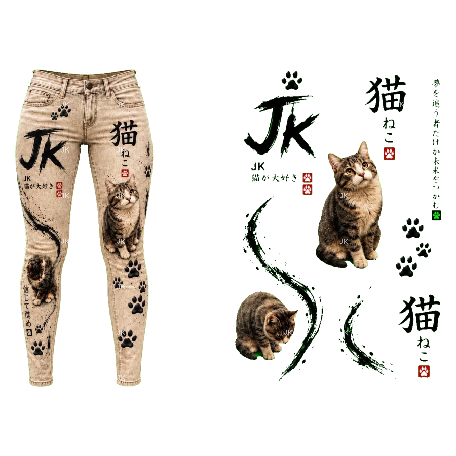 Diseño Digital JK de Gatos con Huellas y Letras Japonesas para Pantalón de Mujer – Sublimación y DTF