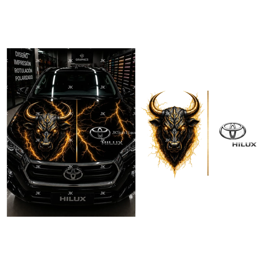 Diseño Digital Toro Dorado con Rayos para Tapa Delantera de Carro – JK