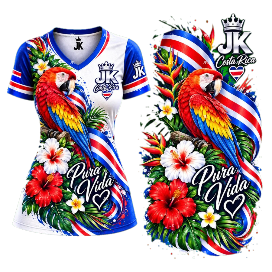Diseño digital Pura Vida Costa Rica con guacamaya, flores tropicales y bandera para camisa de mujer — JK