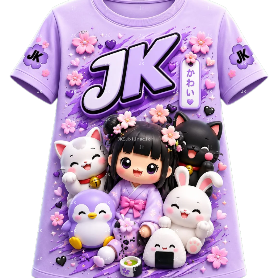 Diseño Digital JK Kawaii Japonés – Niña con Gatitos y Conejitos para Ropa de Niña