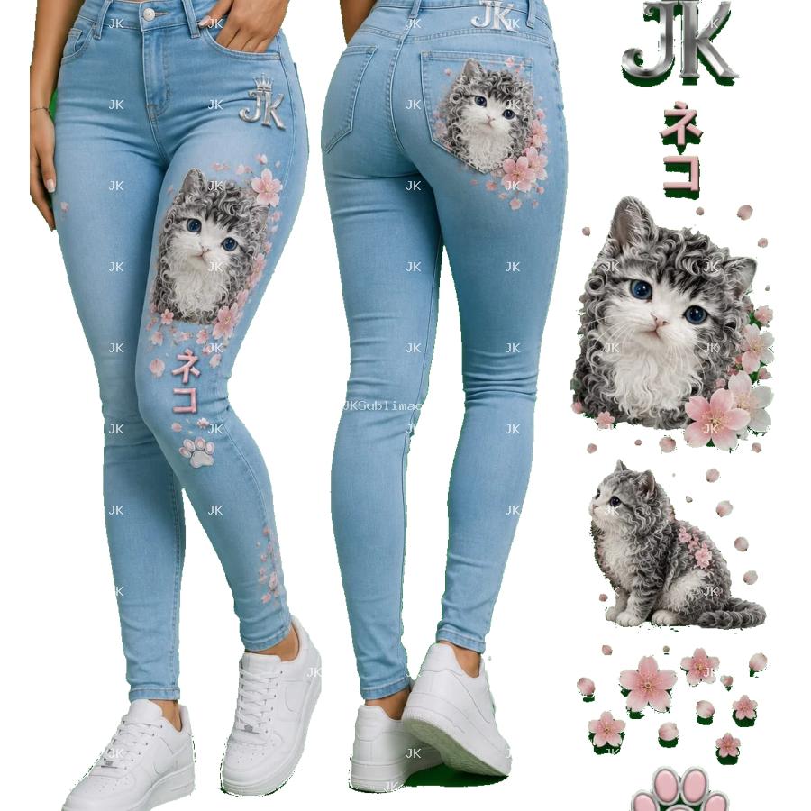 Diseño Digital JK de Gatos con Flores y Letras Japonesas para Pantalón de Mujer – Sublimación y DTF