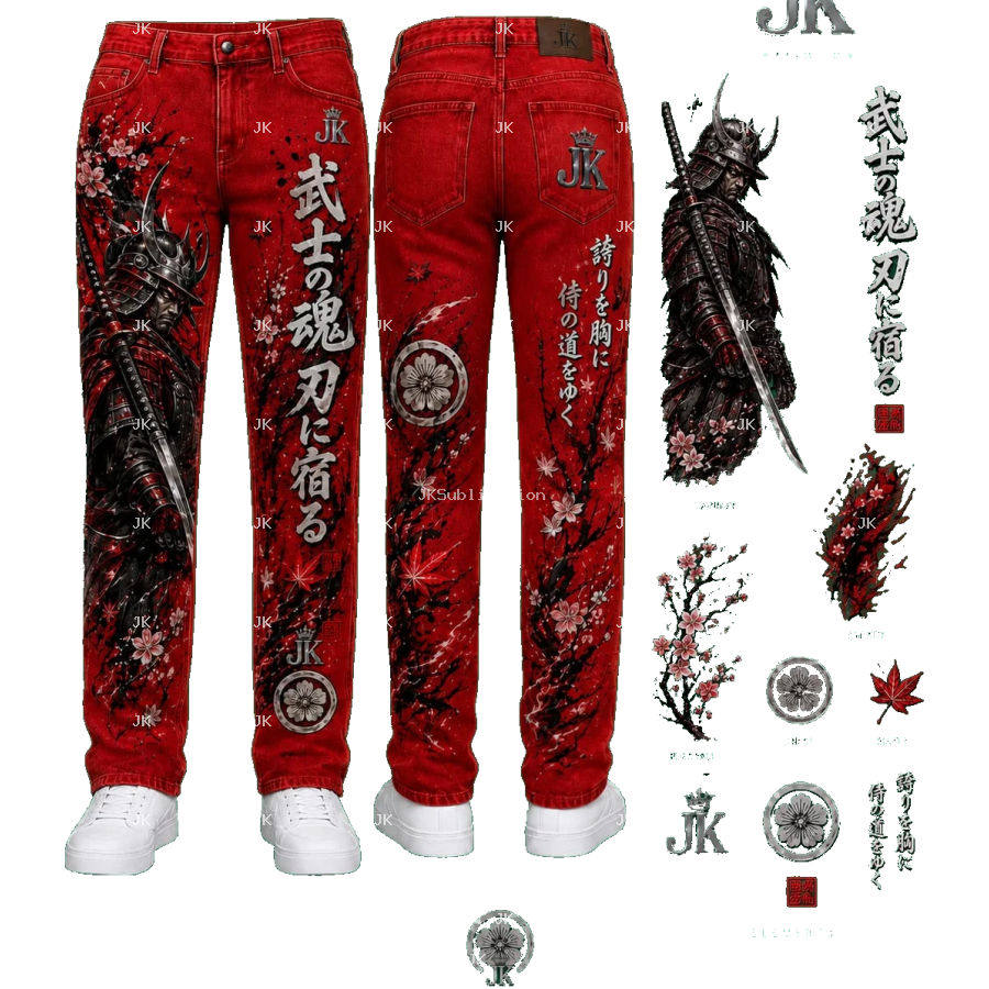 Diseño Digital Premium Samurái Rojo Japonés JK para Pantalón de Hombre