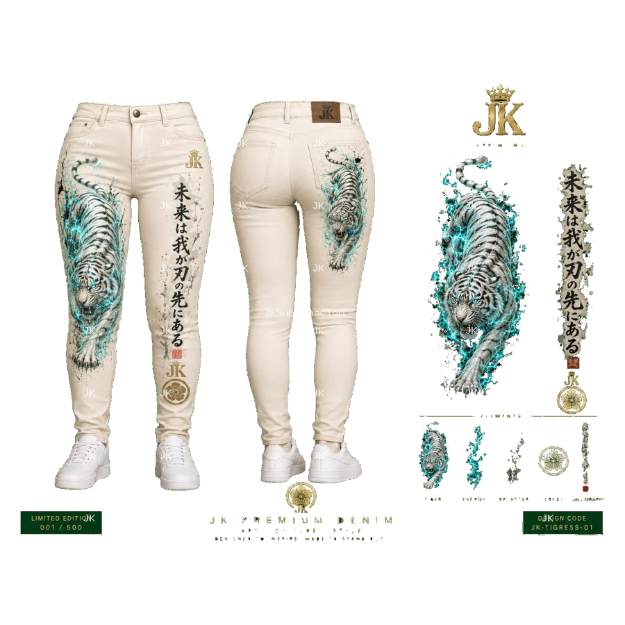 Pantalón de Mujer JK Tigre Azul Místico – Diseño Digital Premium 4500 × 5400 PNG