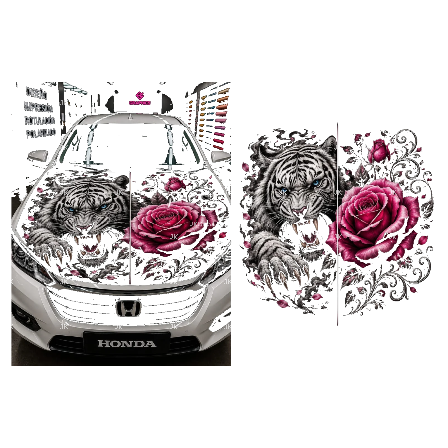 Diseño Digital para Tapa Delantera de Carro – Tigre Blanco y Rosa Rosada