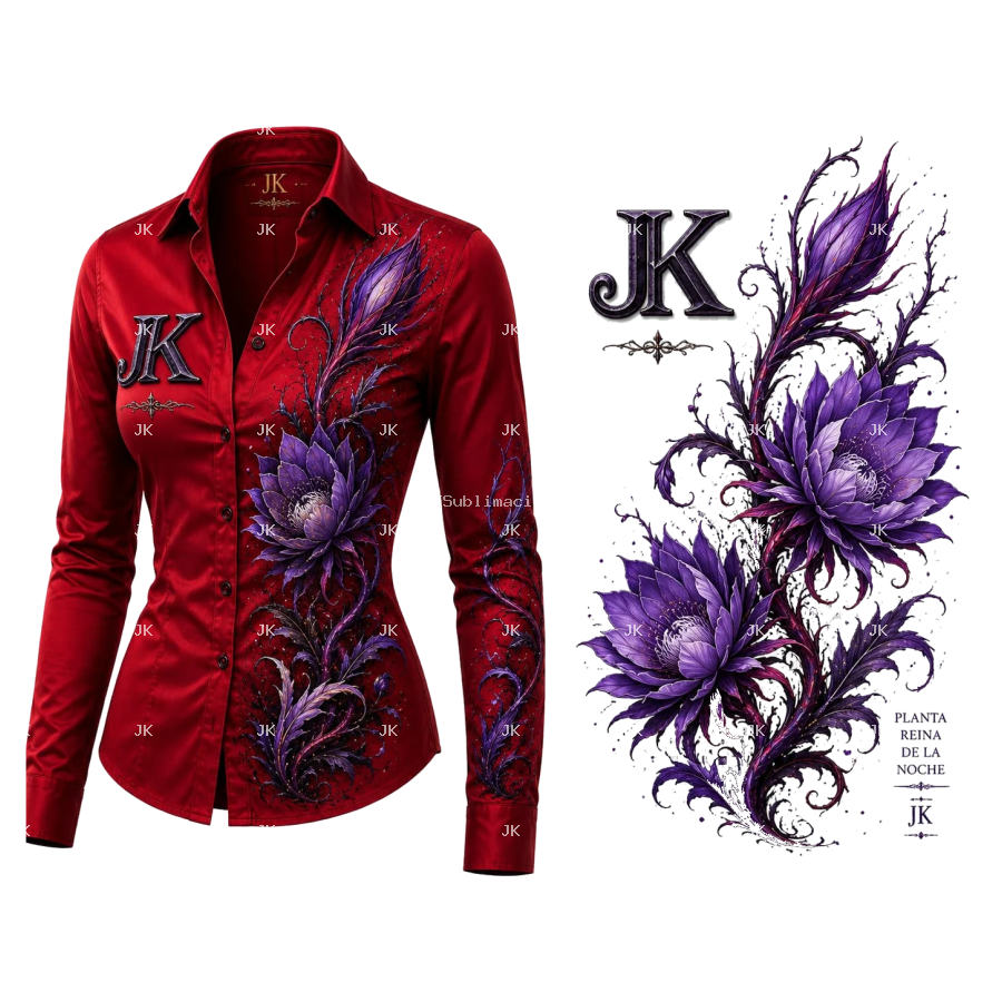 Diseño Digital JK para Camisa de Mujer – Flores Exóticas Elegantes en Tonos Violeta