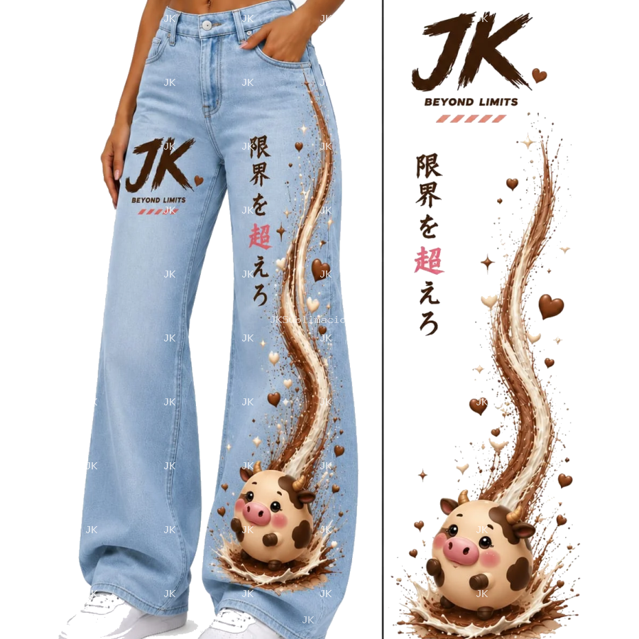 Diseño Digital JK de Vaquita Kawaii con Corazones y Letras Japonesas para Pantalón de Mujer – Sublimación y DTF