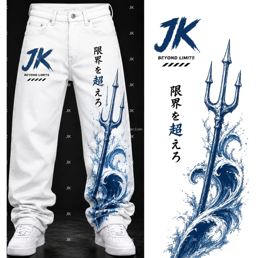 Diseño Digital JK Tridente Azul y Olas – para Pantalón de Hombre