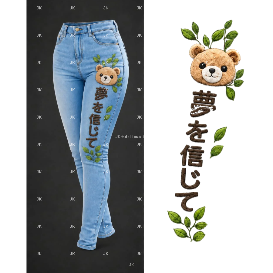 Diseño Digital Osito Japonés con Hojas para Pantalón de Mujer