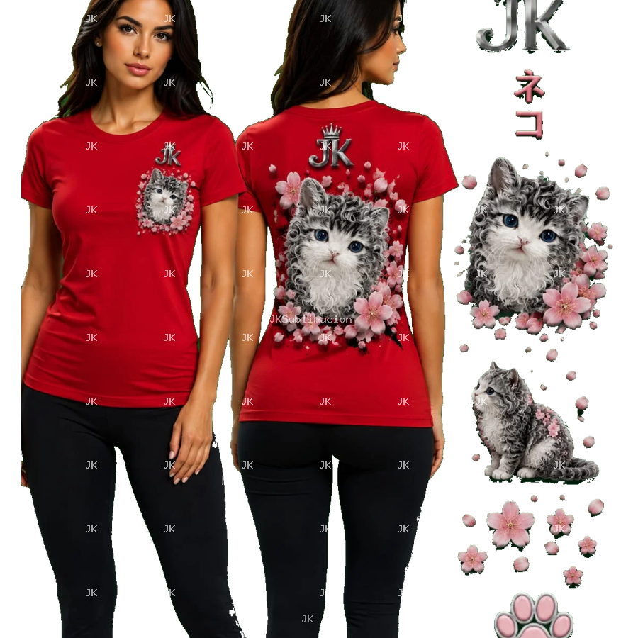 Diseño Digital Premium Gatos con Flores 3D JK para Camisa de Mujer