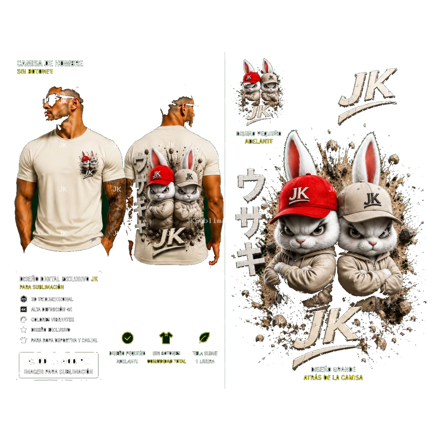Diseño Digital JK Conejos Urbanos 3D para Camisa de Hombre