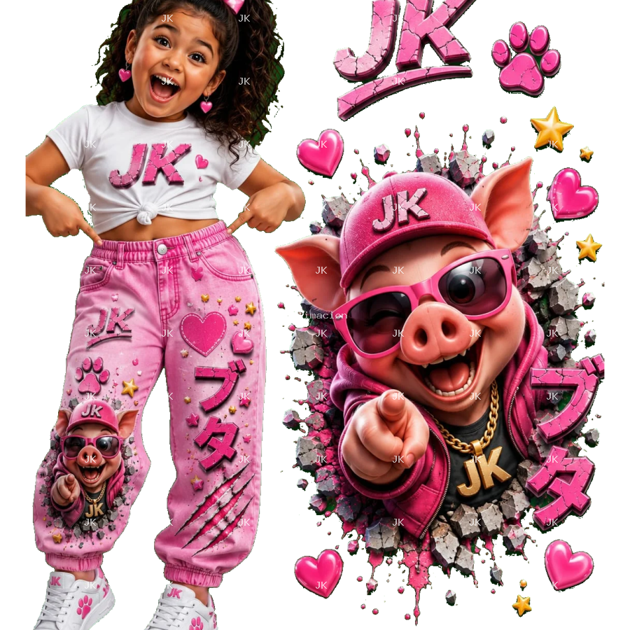 Diseño Digital JK Cerdito Urbano 3D para Pantalón de Niña