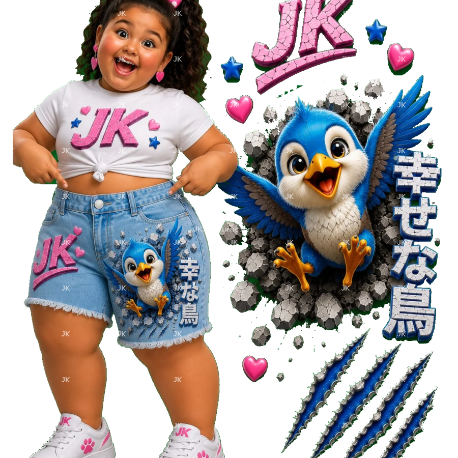 Diseño Digital JK Pajarito Azul 3D para Short de Niña
