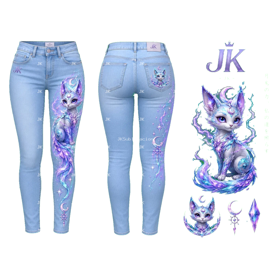 Diseño Digital JK para Pantalón Celeste de Mujer – Gato Místico Neón con Luna | PNG 4500 × 5400