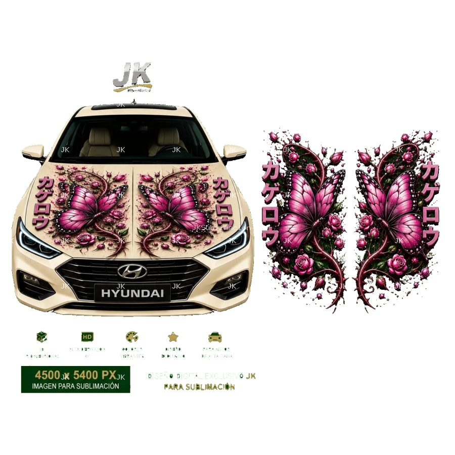 Diseño Digital JK para Tapa de Carro – Mariposas Rosas con Flores