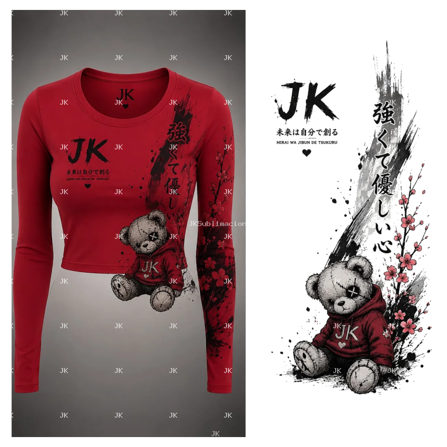 Diseño Digital JK Oso Tierno 3D con Flores para Blusa de Mujer