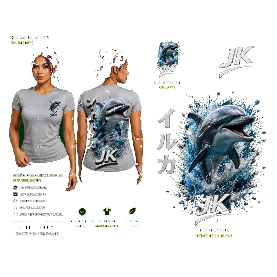 Diseño Digital JK Delfín Azul para Blusa de Mujer – Sublimación y DTF