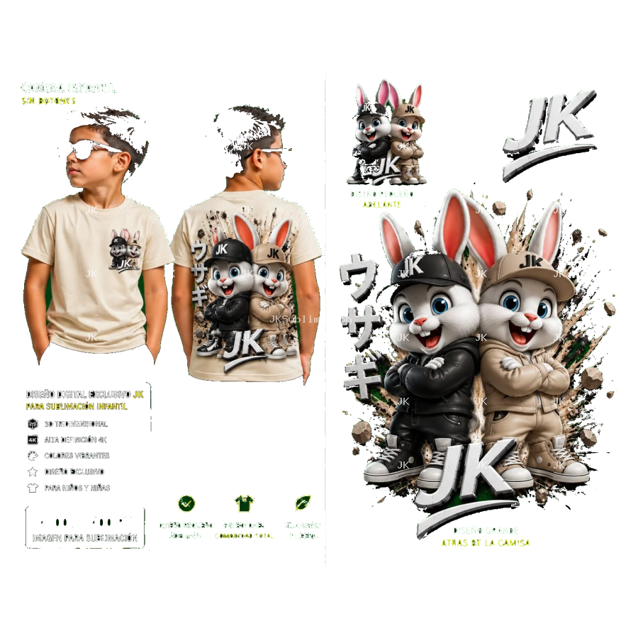 Diseño Digital Dúo de Conejos JK para Niño – Sublimación y DTF