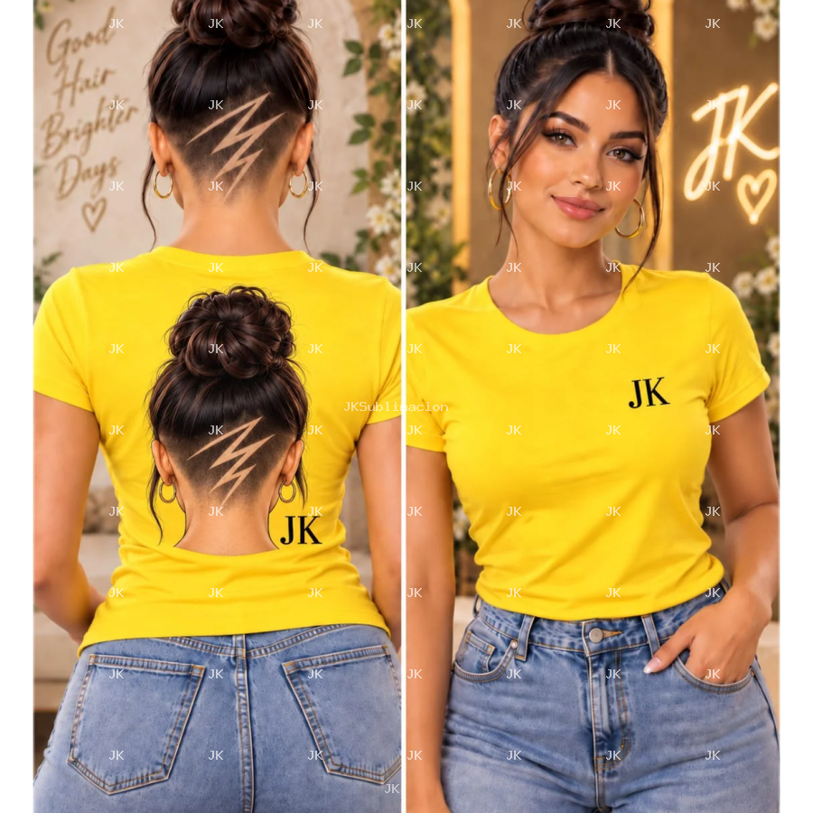 Diseño digital original JK Hair Art para camisa de mujer — Peinado con moño y líneas laterales