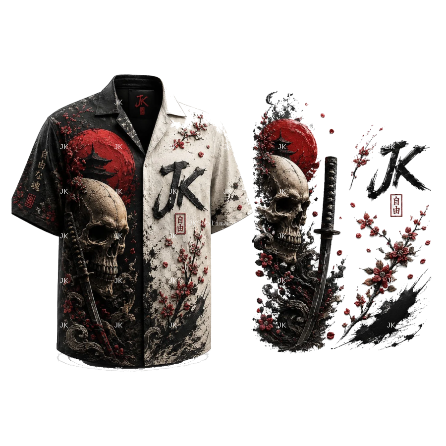 Diseño Digital JK Samurai Japonés con Luna Roja – para Camisa de Hombre
