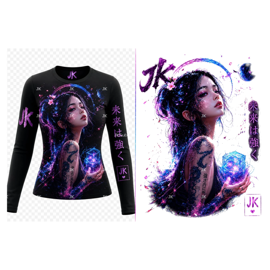 Diseño Digital JK Mujer Oriental Luna Azul para Camisa de Mujer