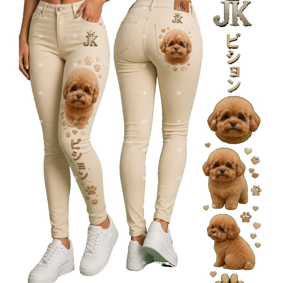 Diseño Digital JK de Perritos Tiernos con Huellas y Letras Japonesas para Pantalón de Mujer – Sublimación y DTF