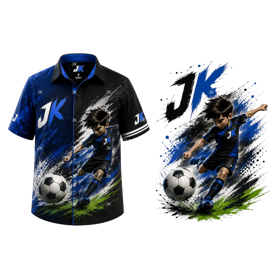 Diseño Digital 3D JK Futbolista Azul en Acción para Camisa de Niño