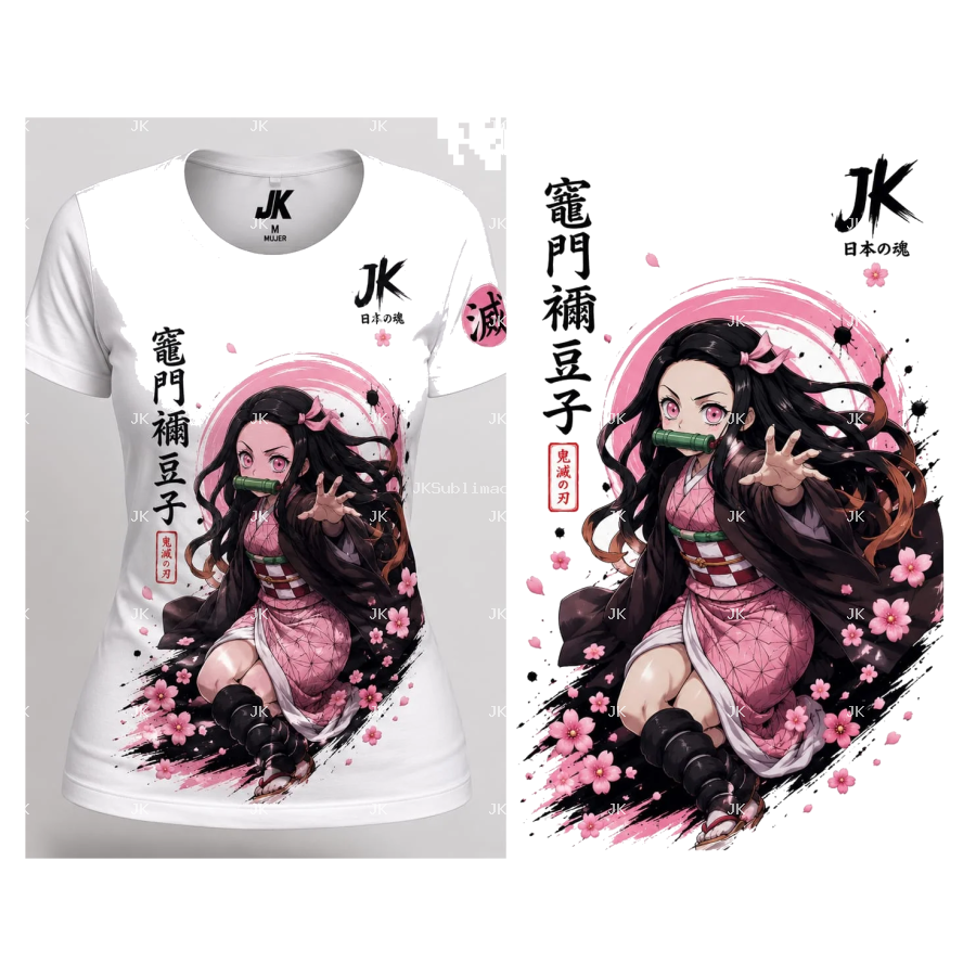 Diseño Digital JK Guerrera Manga Japonesa Rosa con Flores para Camisa de Mujer