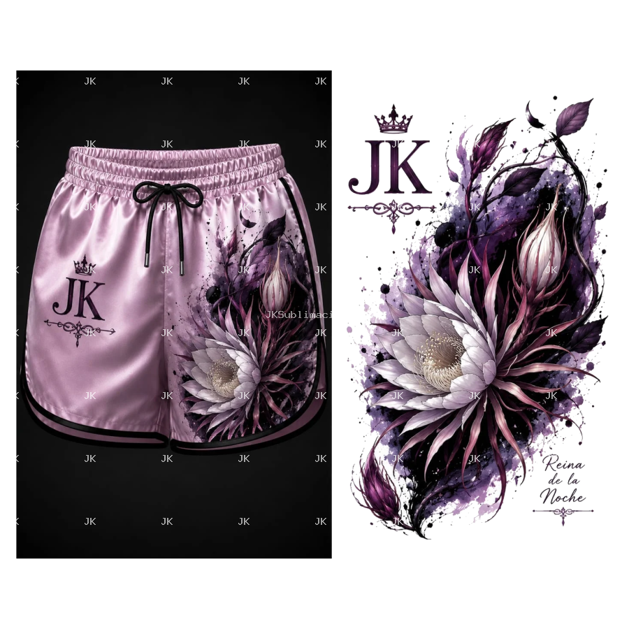Diseño Digital JK para Short de Mujer – Flor Exótica Elegante Rosa, Blanco y Negro