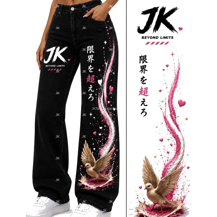 Diseño Digital JK de Paloma Dorada con Corazones y Letras Japonesas para Pantalón de Mujer – Sublimación y DTF