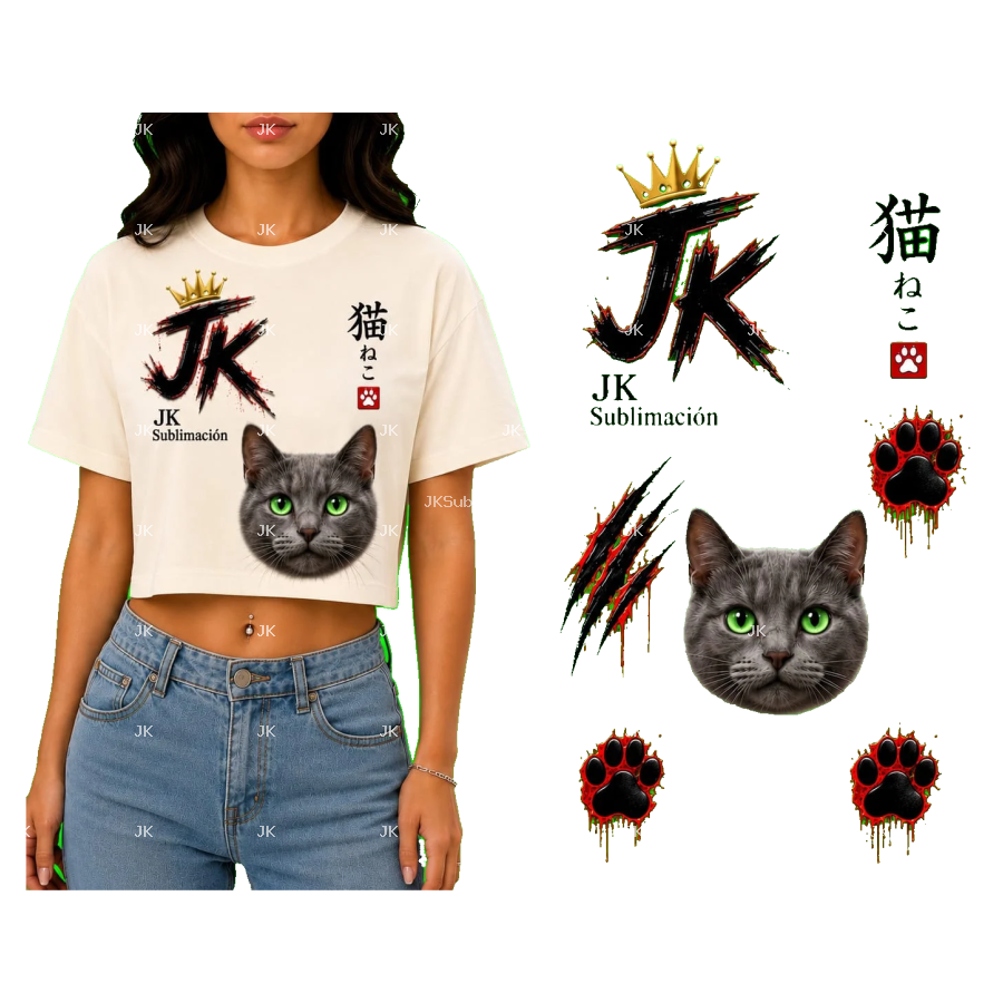 Diseño Digital JK de Gato con Huellas, Rasguños y Letras Japonesas para Blusa de Mujer – Sublimación y DTF