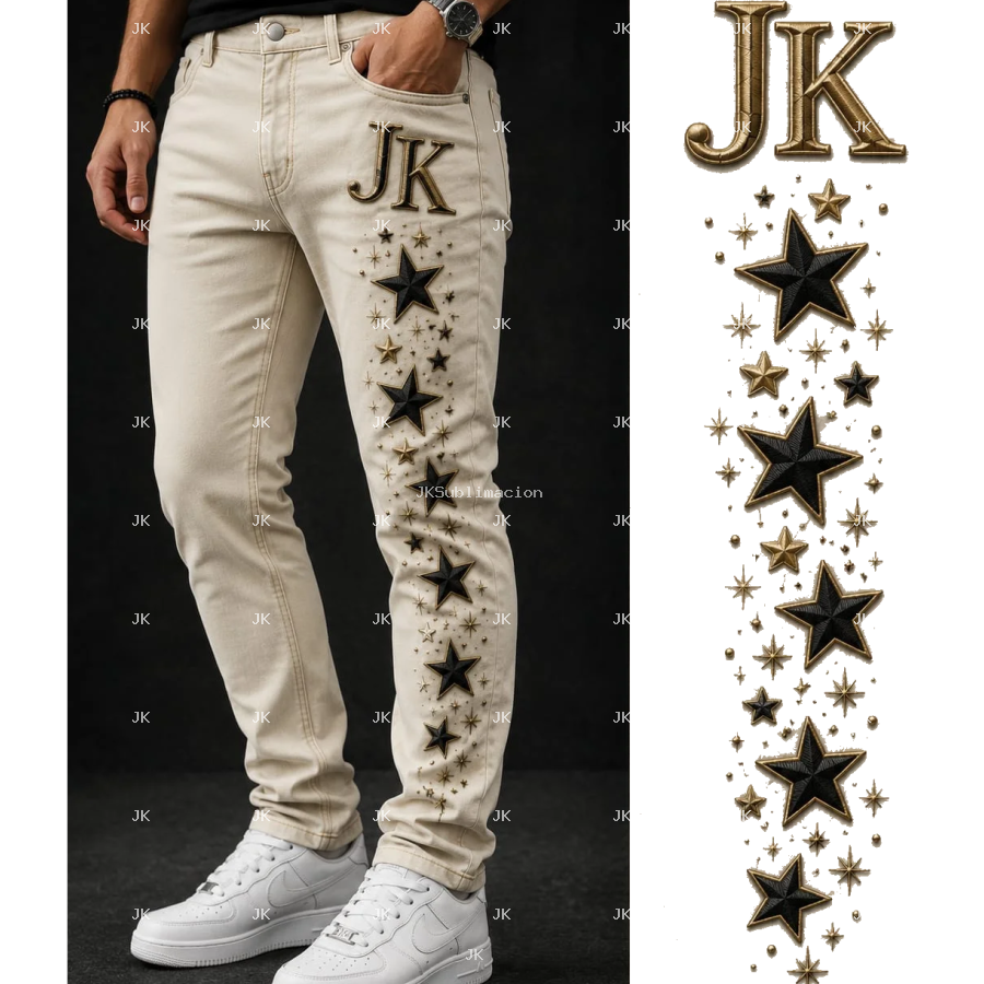 Diseño Digital JK Estrellas Doradas 3D para Pantalón de Hombre