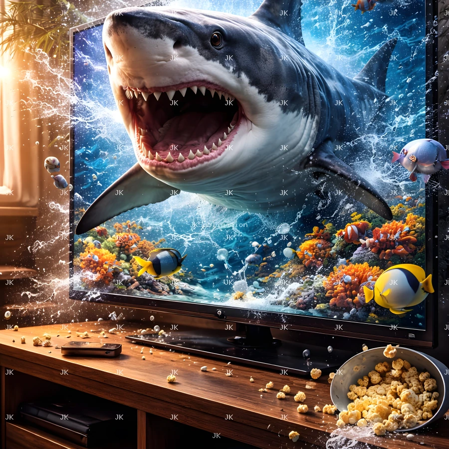 TIBURON SALIENDO DE TV EN 3D Y HD FULL 3000X4500