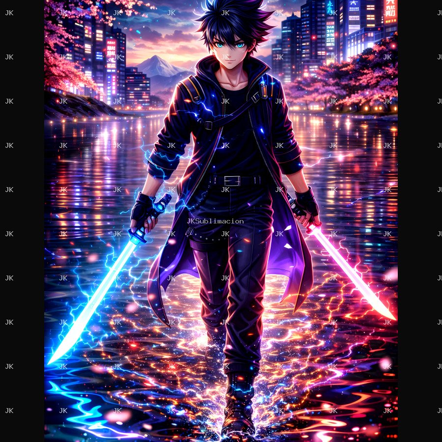 GUERRERO ANIME 3D CON ESPADAS DE ENERGÍA HD FULL VERTICAL 4500X5400