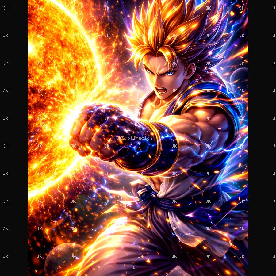 Diseño 3D estilo anime de guerrero con poder de energía cósmica en alta resolución Full HD (4500x5400 px).